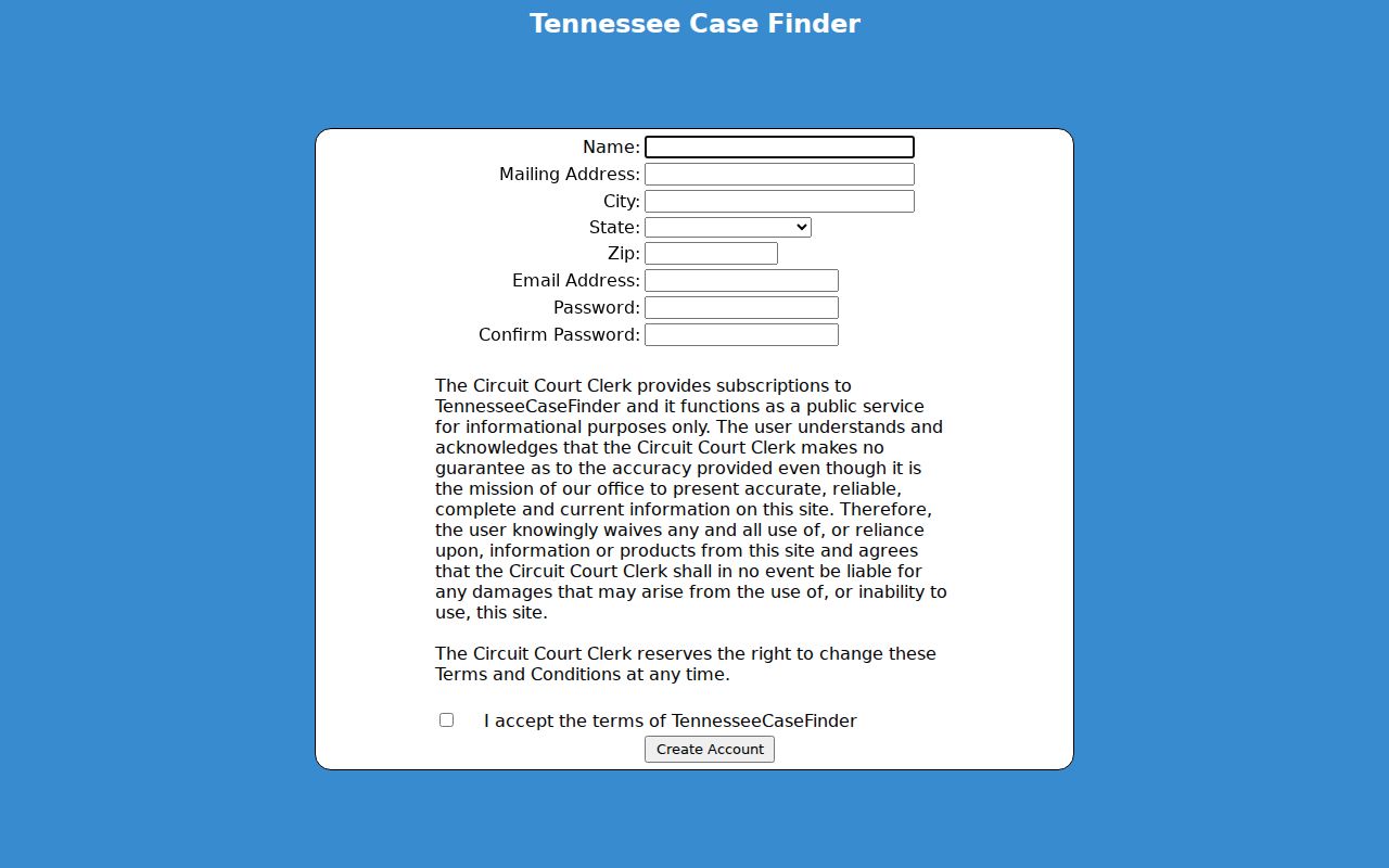 Obion County docket search Tennessee Case Finder registration fields